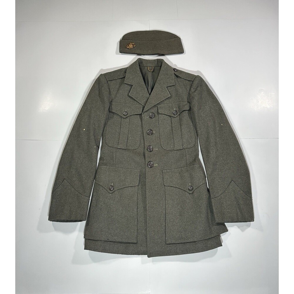 VTG 1940s WWII WW2 Wool Dress Coat Jacket Hat Blazer USMC Marines Uniform Named